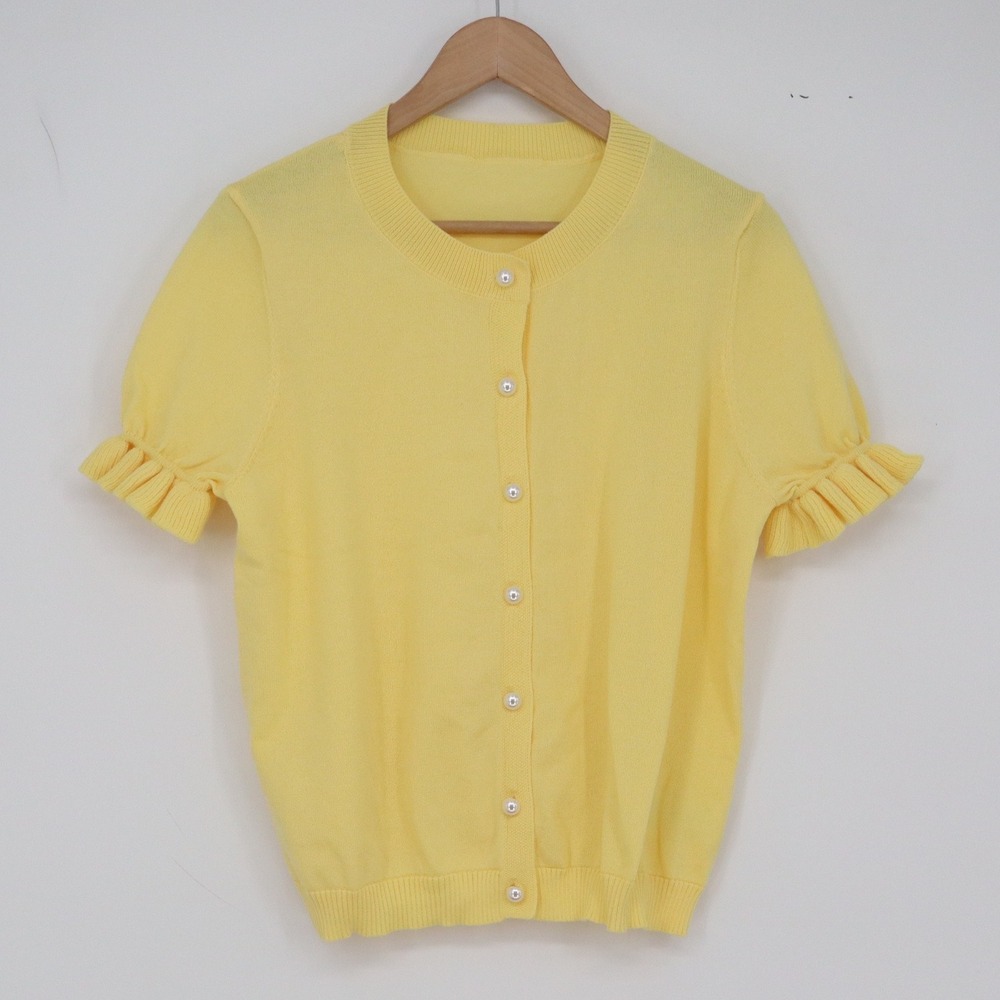 Unbranded Cardigan Womens L Short Sleeve Ruffle Yellow Pearl Button Excellent